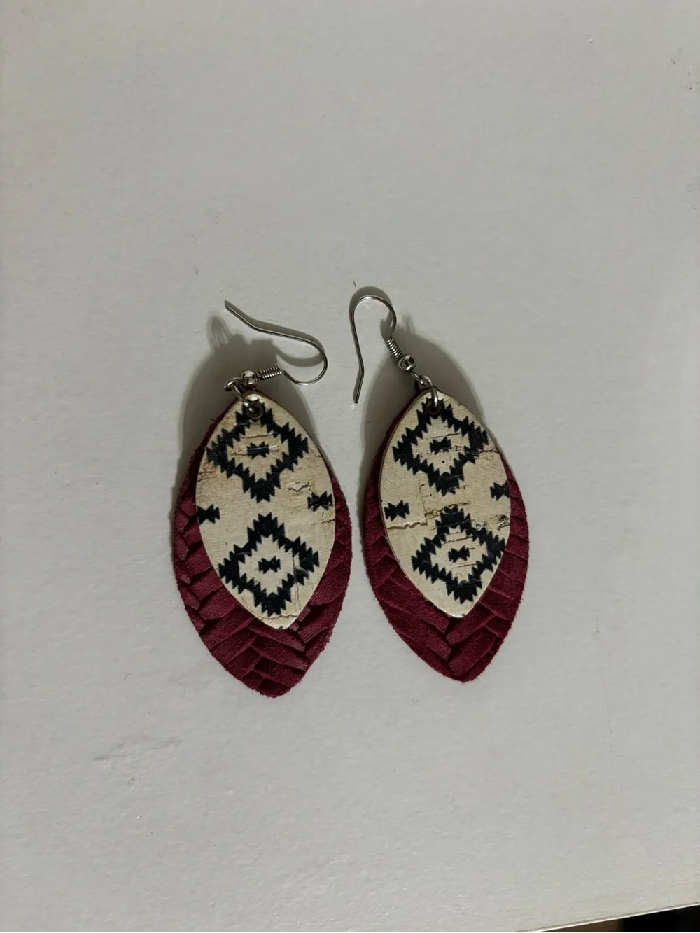 Boho Maroon and Cream Layered Leather Drop Earrings